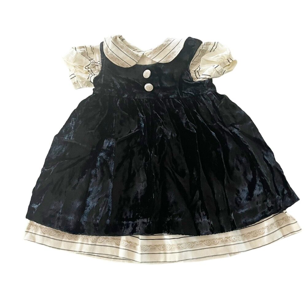 Donna Capozzi Kids 3T Dress Beige Woven Collared Baby Doll Dress Velvet Pinafore